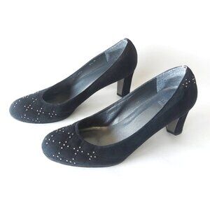 Stuart Weitzman Pump Black Suede Studded Block Heel Comfort Court Shoes